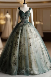 Dusty Green Ball Gown Beaded Tulle Formal Dress, Ball Gown Sweet 16 Dresses